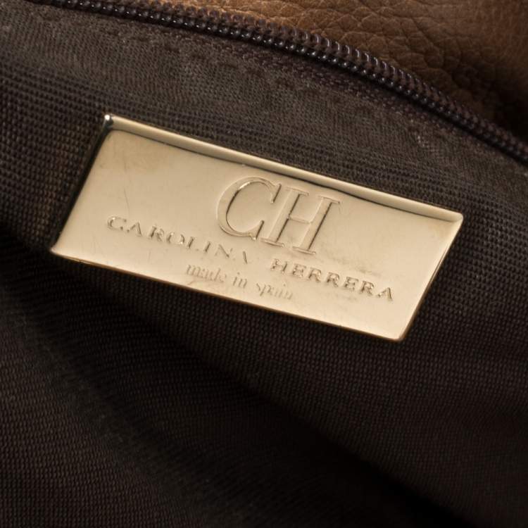 Pre Owned CH Carolina Herrera Brown Monogram Leather Drawstring Hobo
