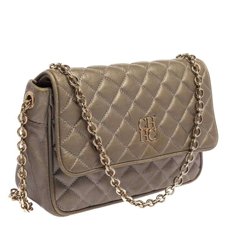 Pre Owned Carolina Herrera Grey Quilted Leather Shoulder Bag