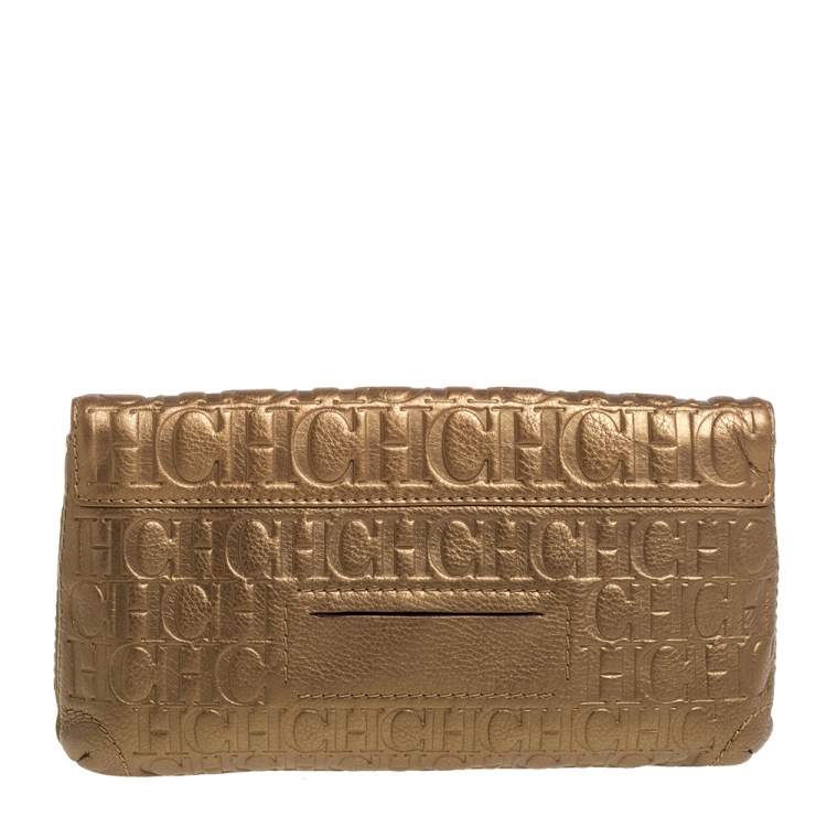 Pre Owned Carolina Herrera Metallic Gold Monogram Leather Audrey Crossbody Bag