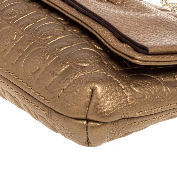 Pre Owned Carolina Herrera Metallic Gold Monogram Leather Audrey Crossbody Bag