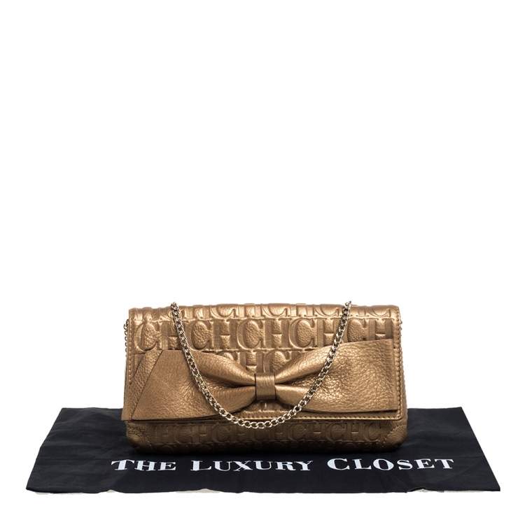 Pre Owned Carolina Herrera Metallic Gold Monogram Leather Audrey Crossbody Bag