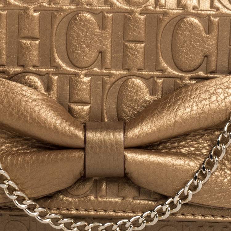 Pre Owned Carolina Herrera Metallic Gold Monogram Leather Audrey Crossbody Bag