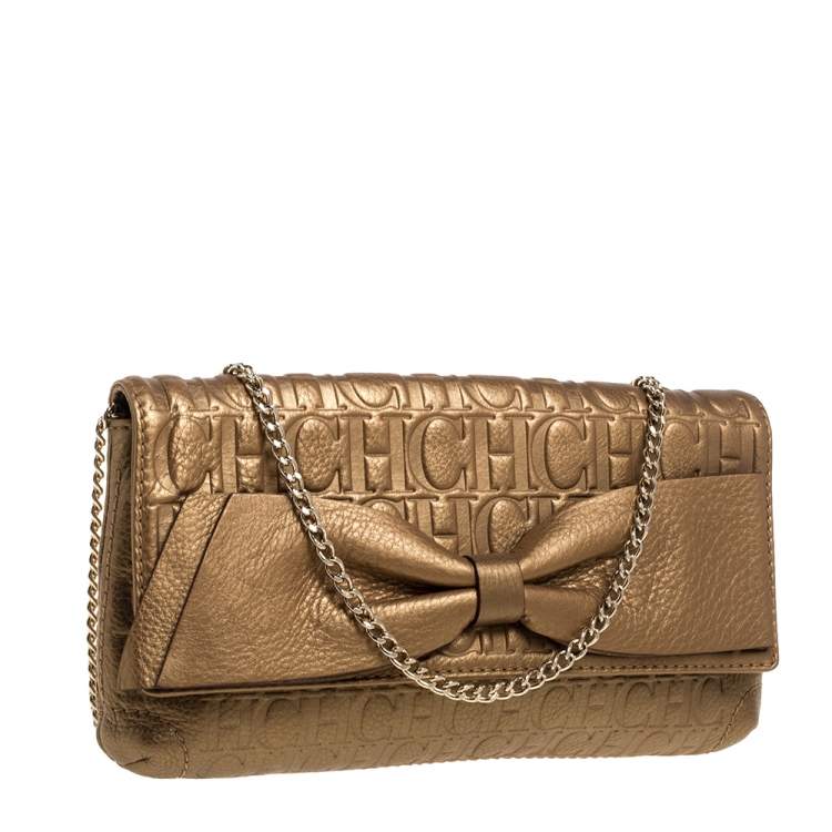 Pre Owned Carolina Herrera Metallic Gold Monogram Leather Audrey Crossbody Bag