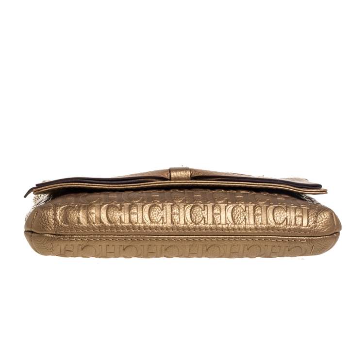 Pre Owned Carolina Herrera Metallic Gold Monogram Leather Audrey Crossbody Bag