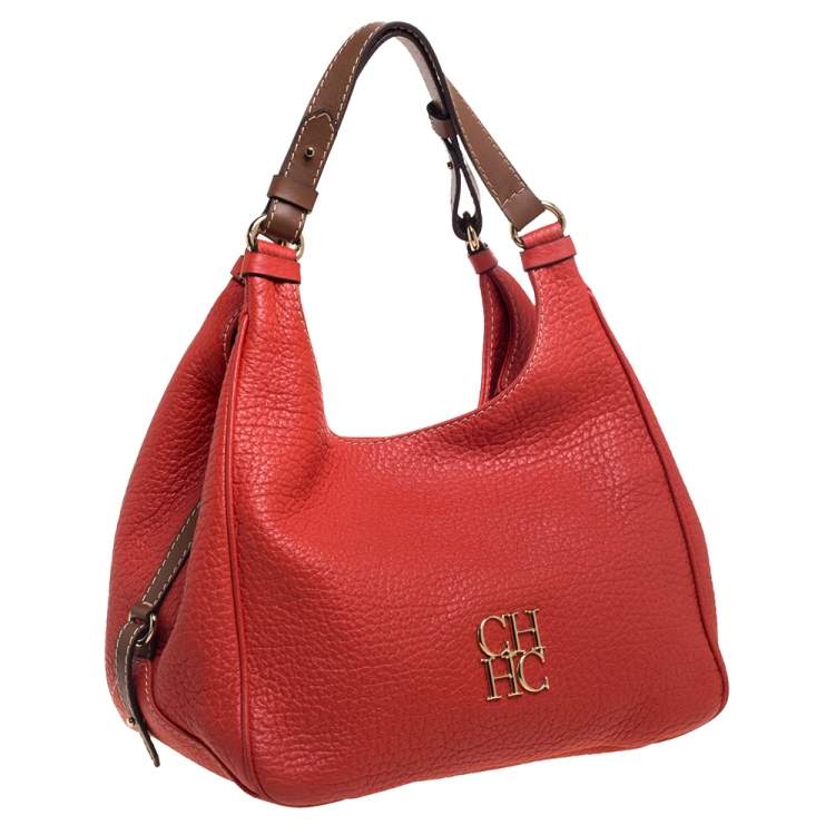 Pre Owned Carolina Herrera Red Grain Leather Hobo