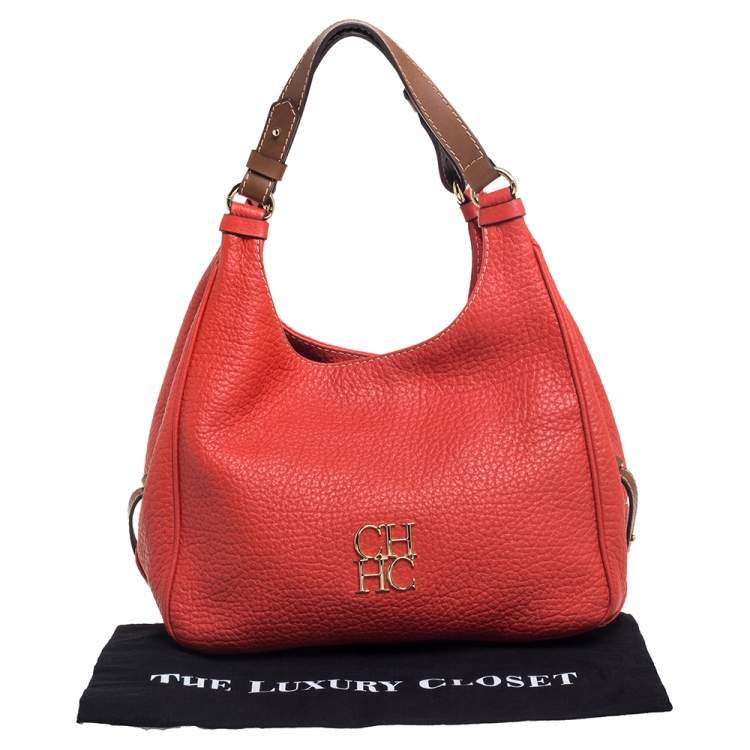 Pre Owned Carolina Herrera Red Grain Leather Hobo