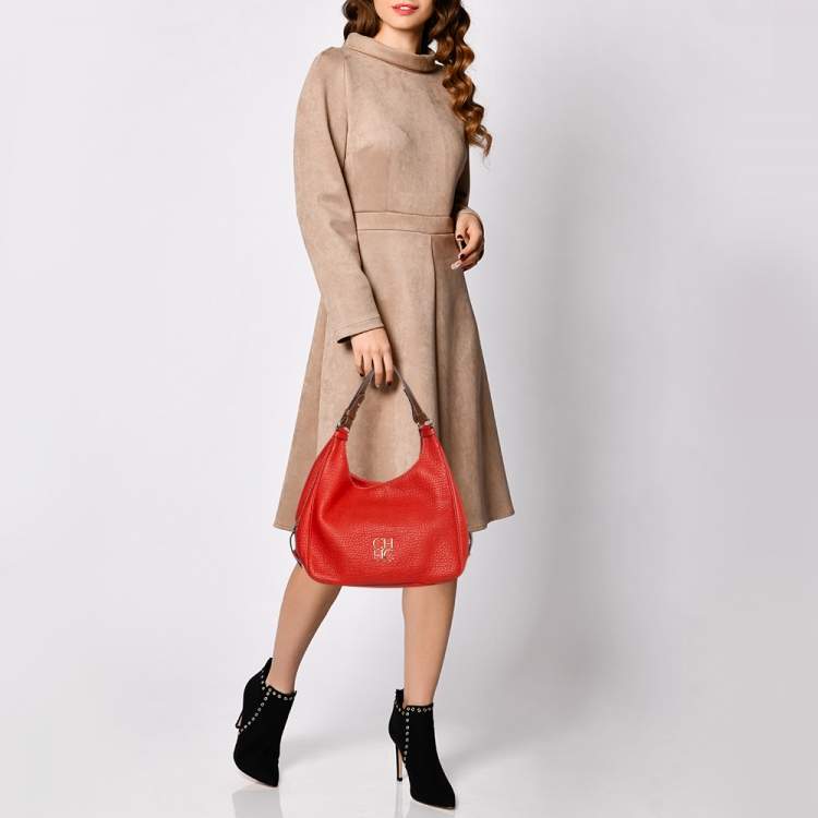 Pre Owned Carolina Herrera Red Grain Leather Hobo