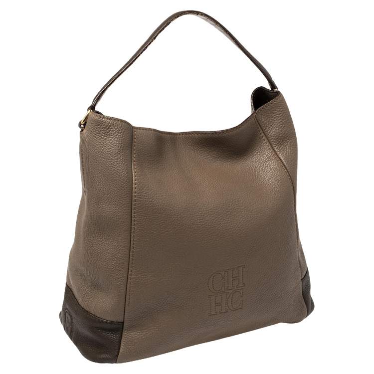 Pre Owned CH Carolina Herrera Two Tone Brown Pebbled Leather Hobo