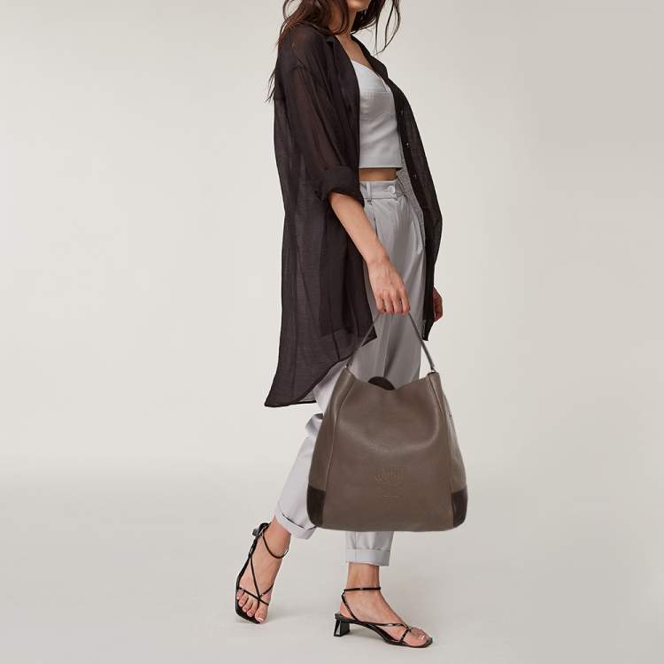 Pre Owned CH Carolina Herrera Two Tone Brown Pebbled Leather Hobo