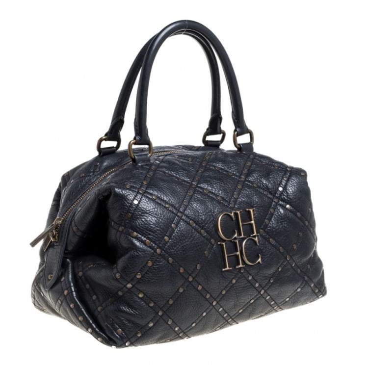 Pre Owned Carolina Herrera Black Quilted Leather Rivet Satchel