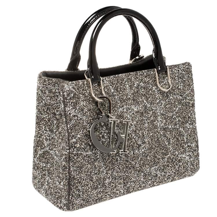 Pre Owned CH Carolina Herrera Silver/Black Patent Leather Crystal Embellished Mini Duchess Tote