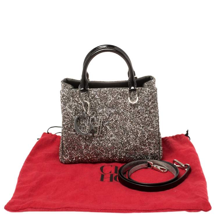Pre Owned CH Carolina Herrera Silver/Black Patent Leather Crystal Embellished Mini Duchess Tote