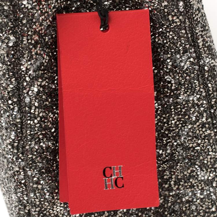 Pre Owned CH Carolina Herrera Silver/Black Patent Leather Crystal Embellished Mini Duchess Tote