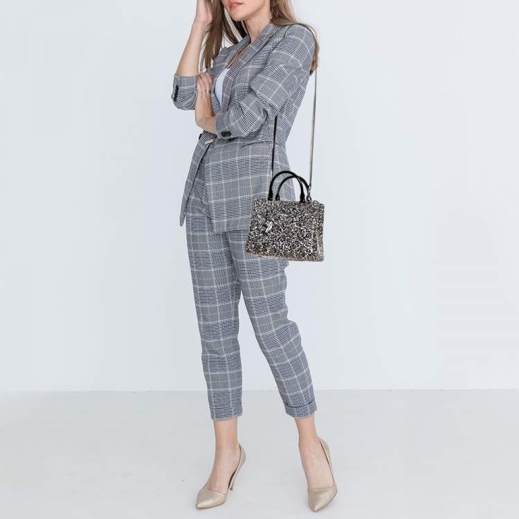 Pre Owned CH Carolina Herrera Silver/Black Patent Leather Crystal Embellished Mini Duchess Tote