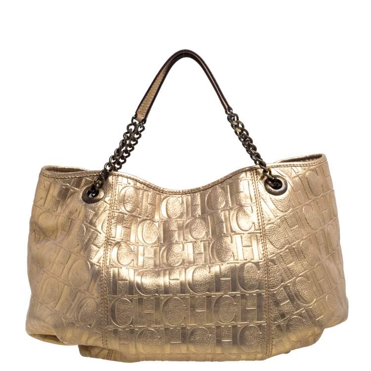 مملوكة مسبقًا Carolina Herrera Gold Monogram Embossed Leather Chain Handle Tote