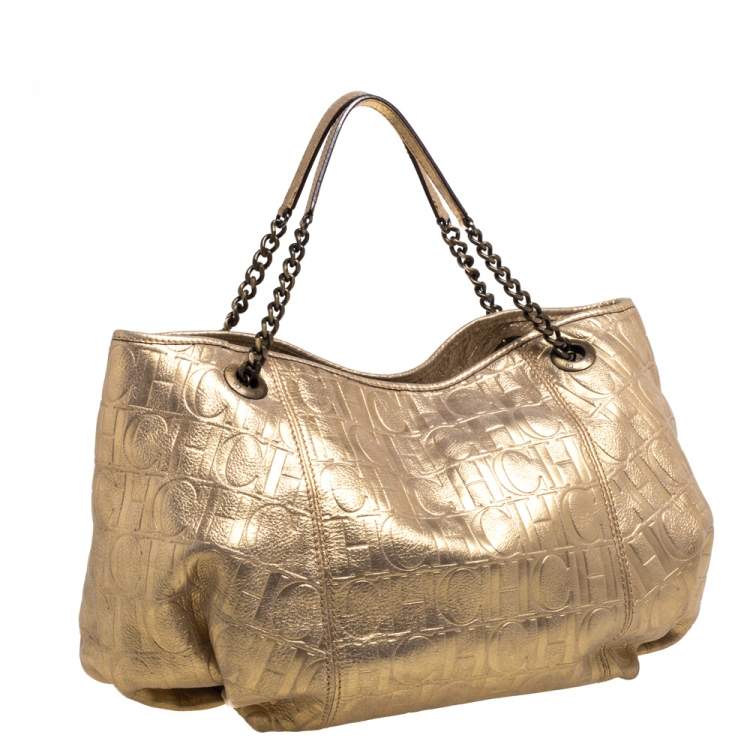 مملوكة مسبقًا Carolina Herrera Gold Monogram Embossed Leather Chain Handle Tote