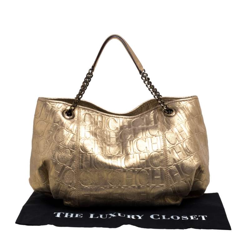مملوكة مسبقًا Carolina Herrera Gold Monogram Embossed Leather Chain Handle Tote