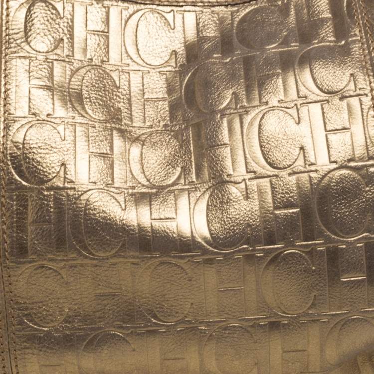 مملوكة مسبقًا Carolina Herrera Gold Monogram Embossed Leather Chain Handle Tote