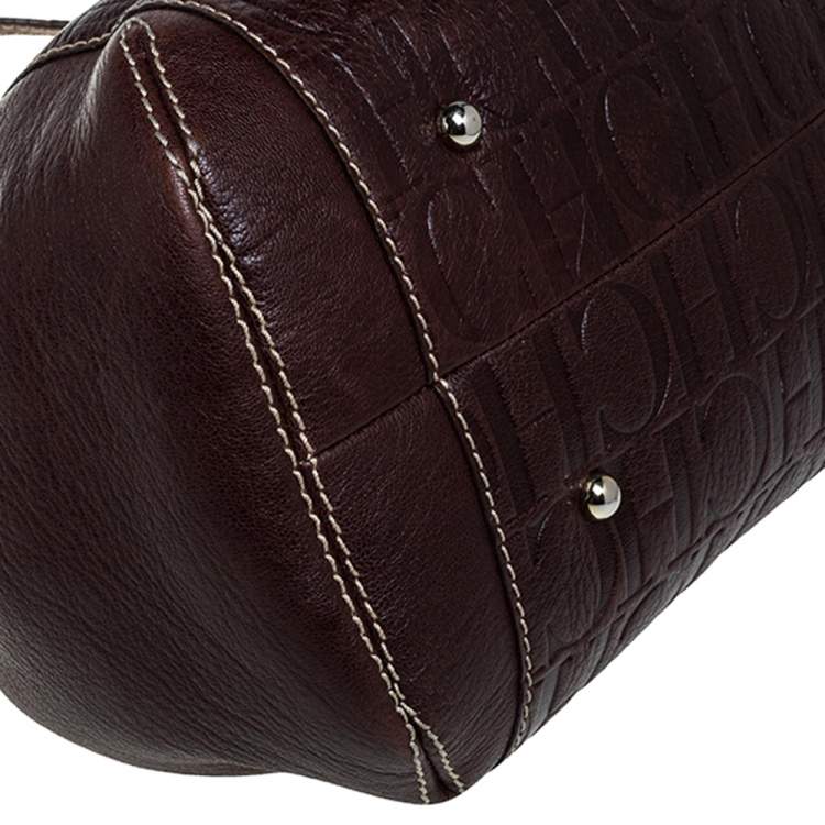 Pre Owned Carolina Herrera Dark Brown Monogram Embossed Leather Chain Shoulder Bag