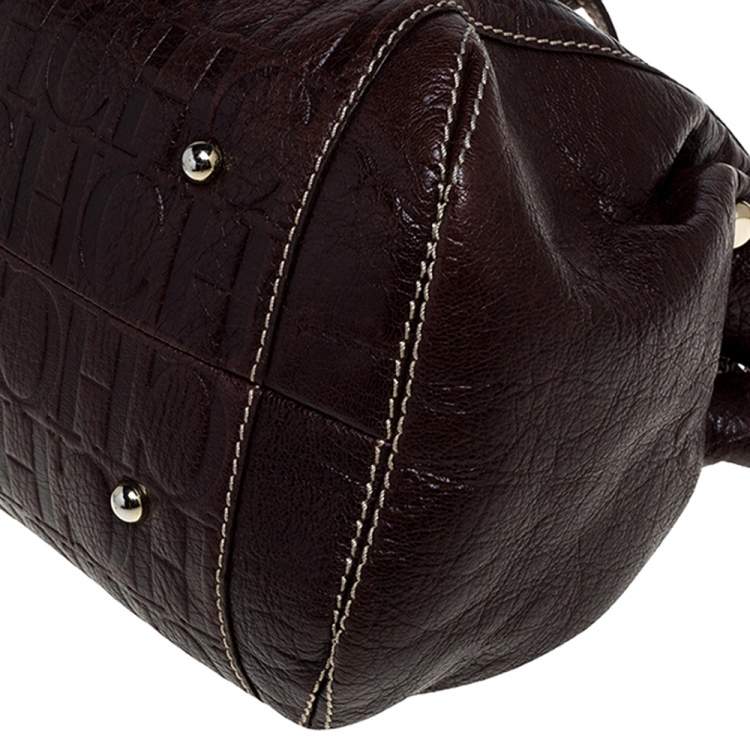 Pre Owned Carolina Herrera Dark Brown Monogram Embossed Leather Chain Shoulder Bag