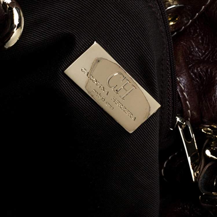Pre Owned Carolina Herrera Dark Brown Monogram Embossed Leather Chain Shoulder Bag