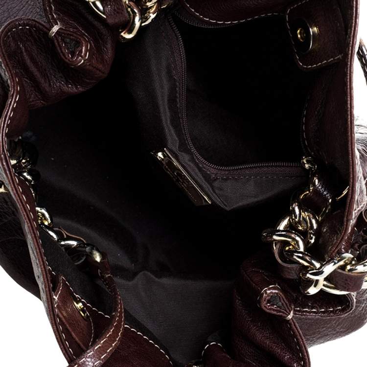 Pre Owned Carolina Herrera Dark Brown Monogram Embossed Leather Chain Shoulder Bag