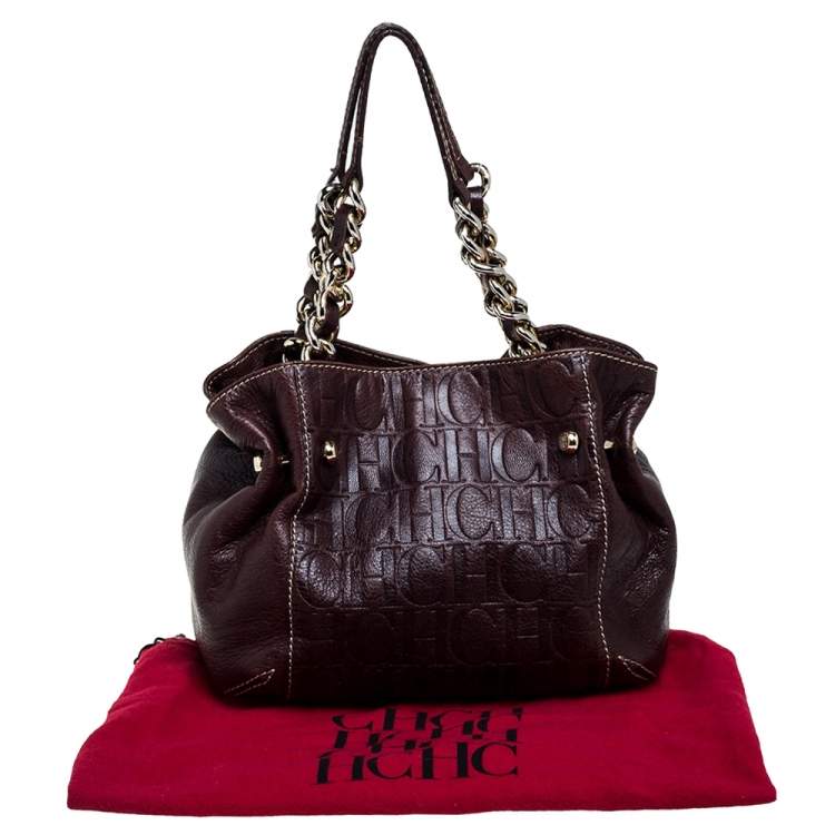 Pre Owned Carolina Herrera Dark Brown Monogram Embossed Leather Chain Shoulder Bag