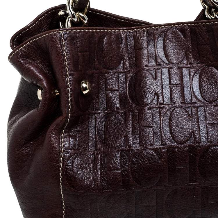 Pre Owned Carolina Herrera Dark Brown Monogram Embossed Leather Chain Shoulder Bag