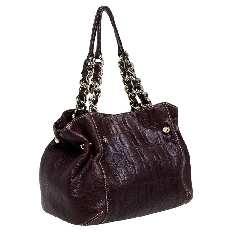 Pre Owned Carolina Herrera Dark Brown Monogram Embossed Leather Chain Shoulder Bag