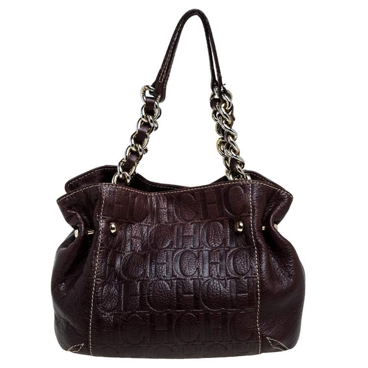 Pre Owned Carolina Herrera Dark Brown Monogram Embossed Leather Chain Shoulder Bag