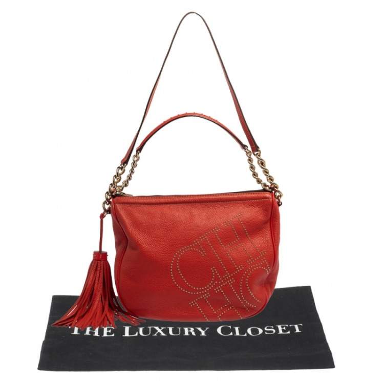 Pre Owned Carolina Herrera Red Studded Logo Leather Tassel Shoulder Bag