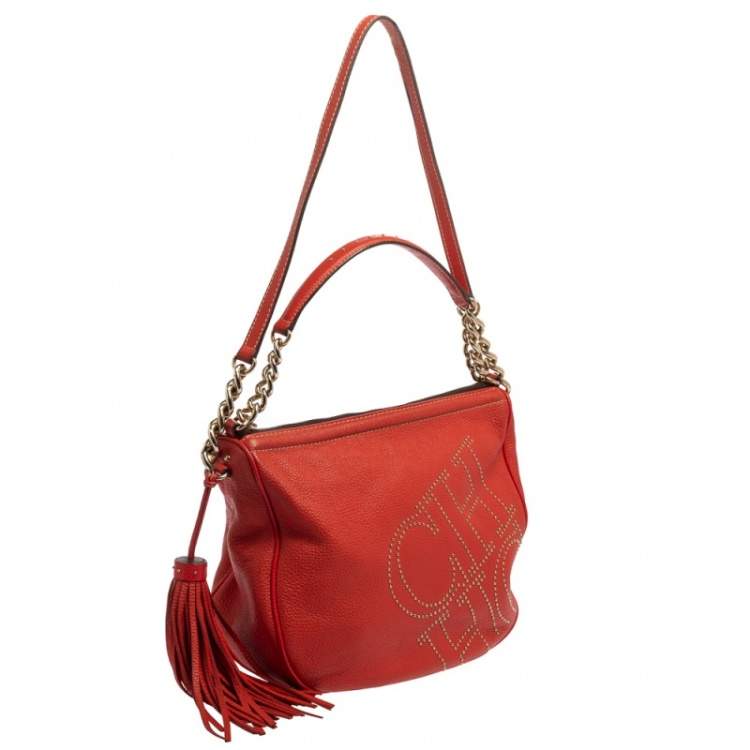 Pre Owned Carolina Herrera Red Studded Logo Leather Tassel Shoulder Bag