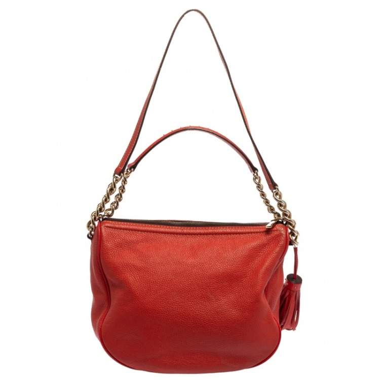 Pre Owned Carolina Herrera Red Studded Logo Leather Tassel Shoulder Bag
