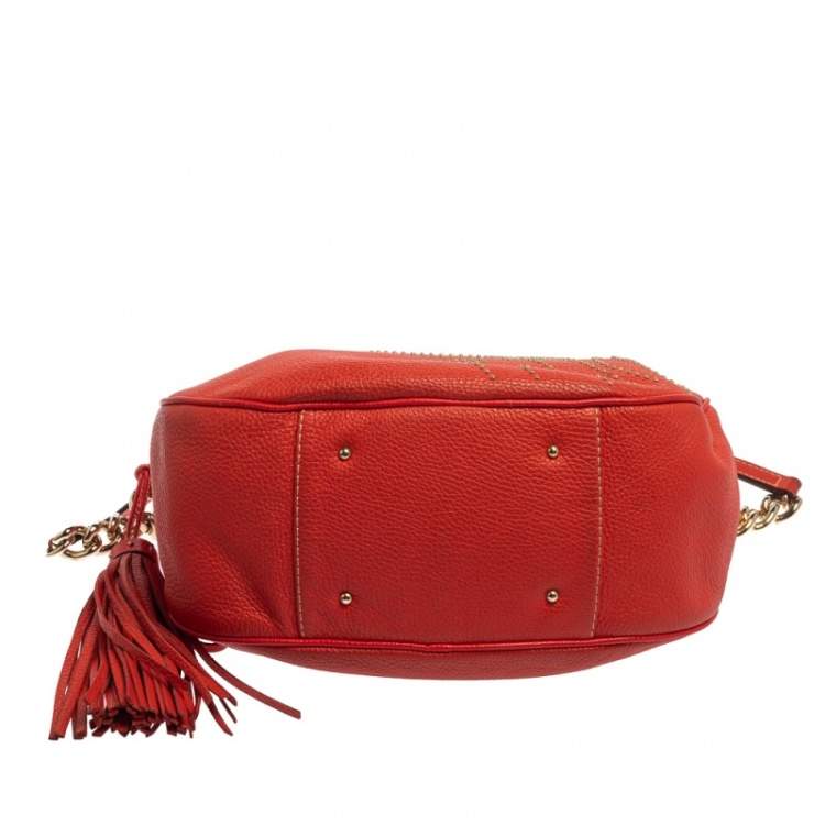Pre Owned Carolina Herrera Red Studded Logo Leather Tassel Shoulder Bag