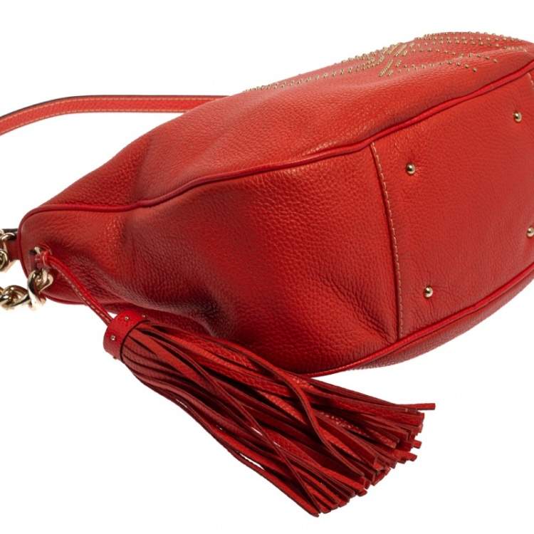 Pre Owned Carolina Herrera Red Studded Logo Leather Tassel Shoulder Bag