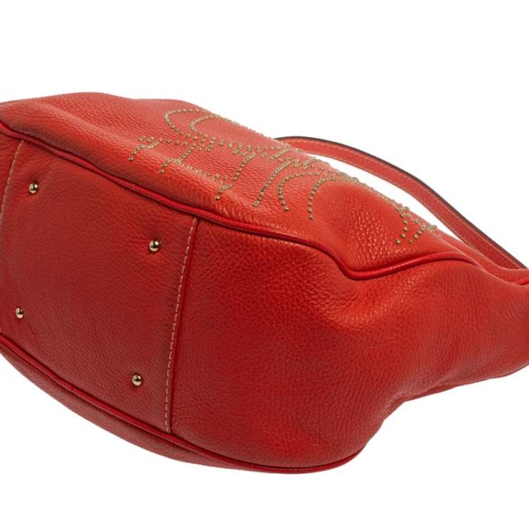 Pre Owned Carolina Herrera Red Studded Logo Leather Tassel Shoulder Bag