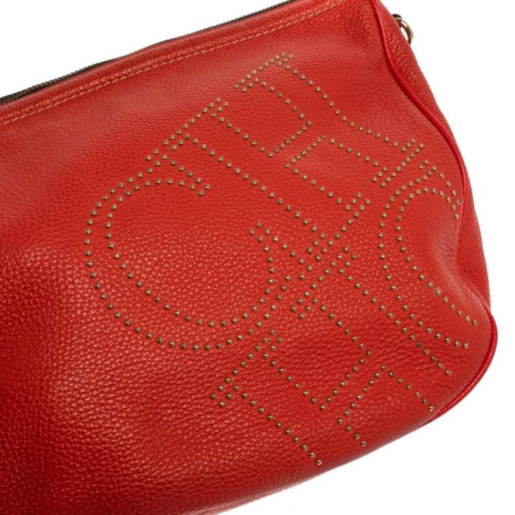 Pre Owned Carolina Herrera Red Studded Logo Leather Tassel Shoulder Bag