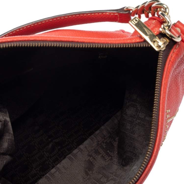 Pre Owned Carolina Herrera Red Studded Logo Leather Tassel Shoulder Bag