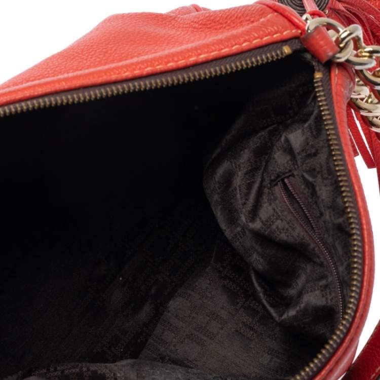 Pre Owned Carolina Herrera Red Studded Logo Leather Tassel Shoulder Bag