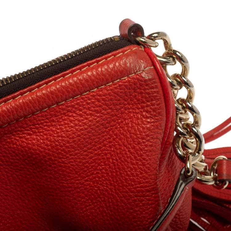 Pre Owned Carolina Herrera Red Studded Logo Leather Tassel Shoulder Bag