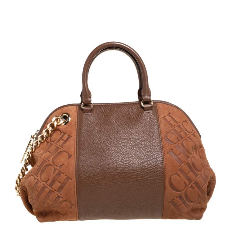 Pre Owned Carolina Herrera Brown Monogram Suede and Leather Dome Satchel