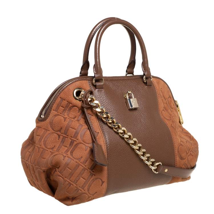 Pre Owned Carolina Herrera Brown Monogram Suede and Leather Dome Satchel