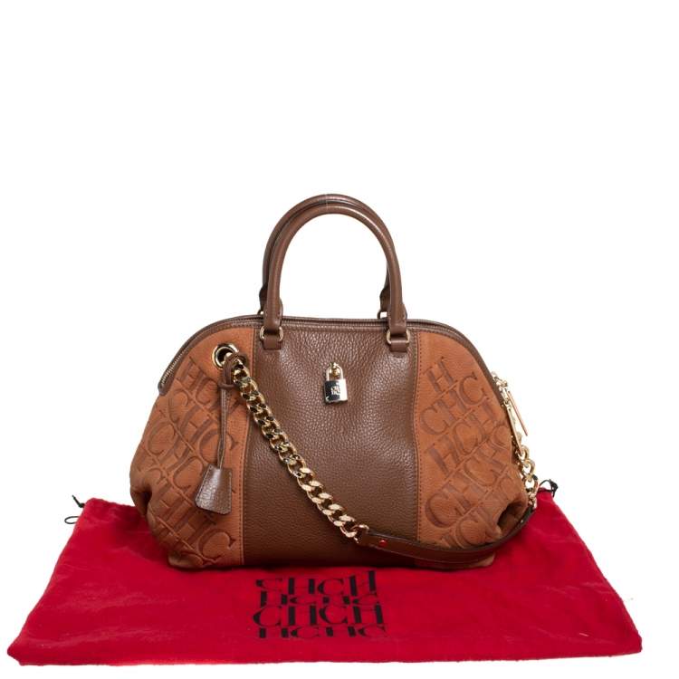 Pre Owned Carolina Herrera Brown Monogram Suede and Leather Dome Satchel