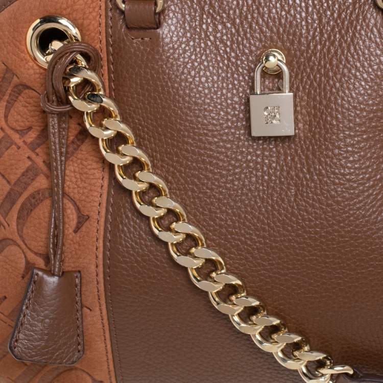 Pre Owned Carolina Herrera Brown Monogram Suede and Leather Dome Satchel