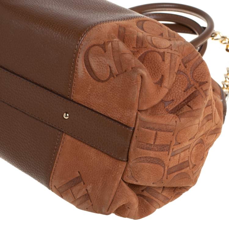 Pre Owned Carolina Herrera Brown Monogram Suede and Leather Dome Satchel