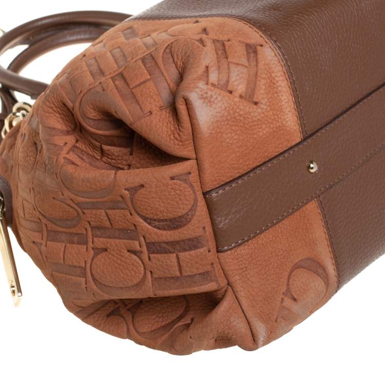 Pre Owned Carolina Herrera Brown Monogram Suede and Leather Dome Satchel