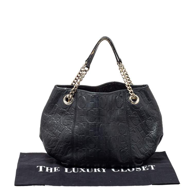 Pre Owned CH Carolina Herrera Black Monogram Leather Poppy Tote