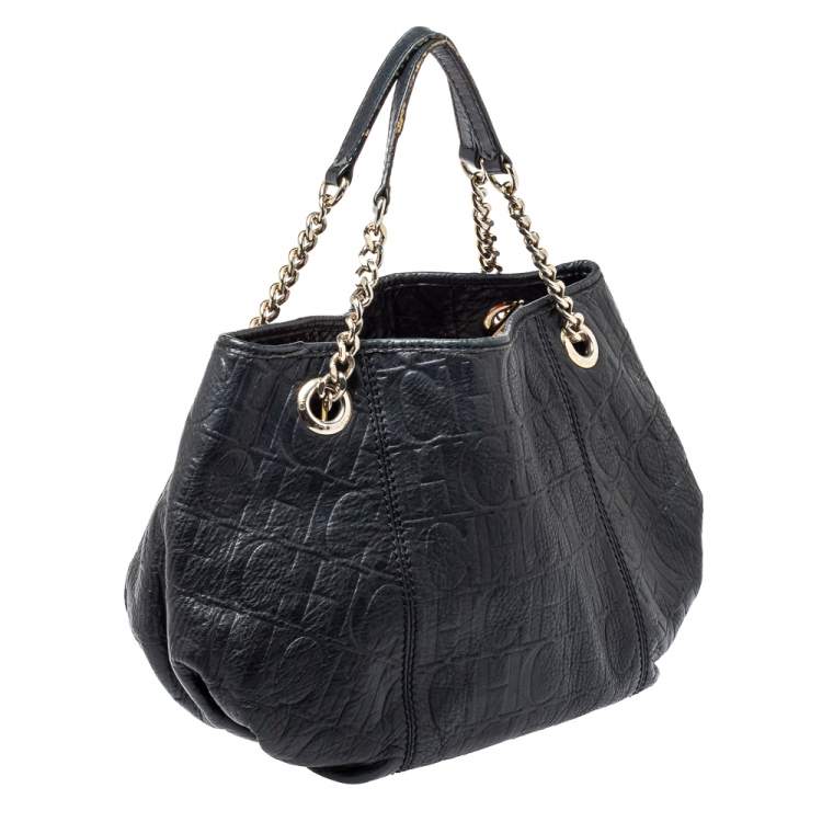 Pre Owned CH Carolina Herrera Black Monogram Leather Poppy Tote