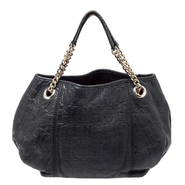 Pre Owned CH Carolina Herrera Black Monogram Leather Poppy Tote