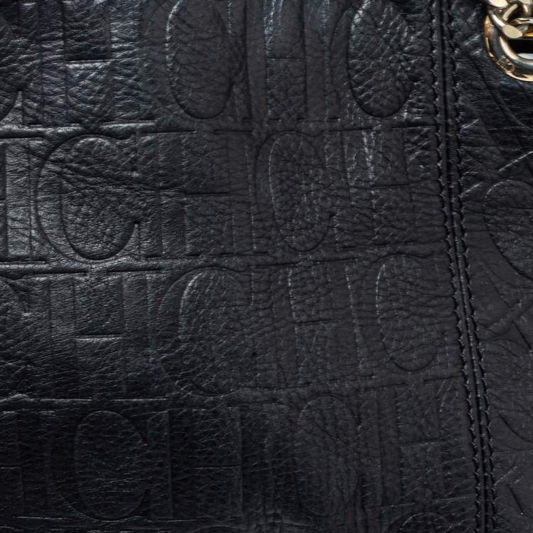 Pre Owned CH Carolina Herrera Black Monogram Leather Poppy Tote